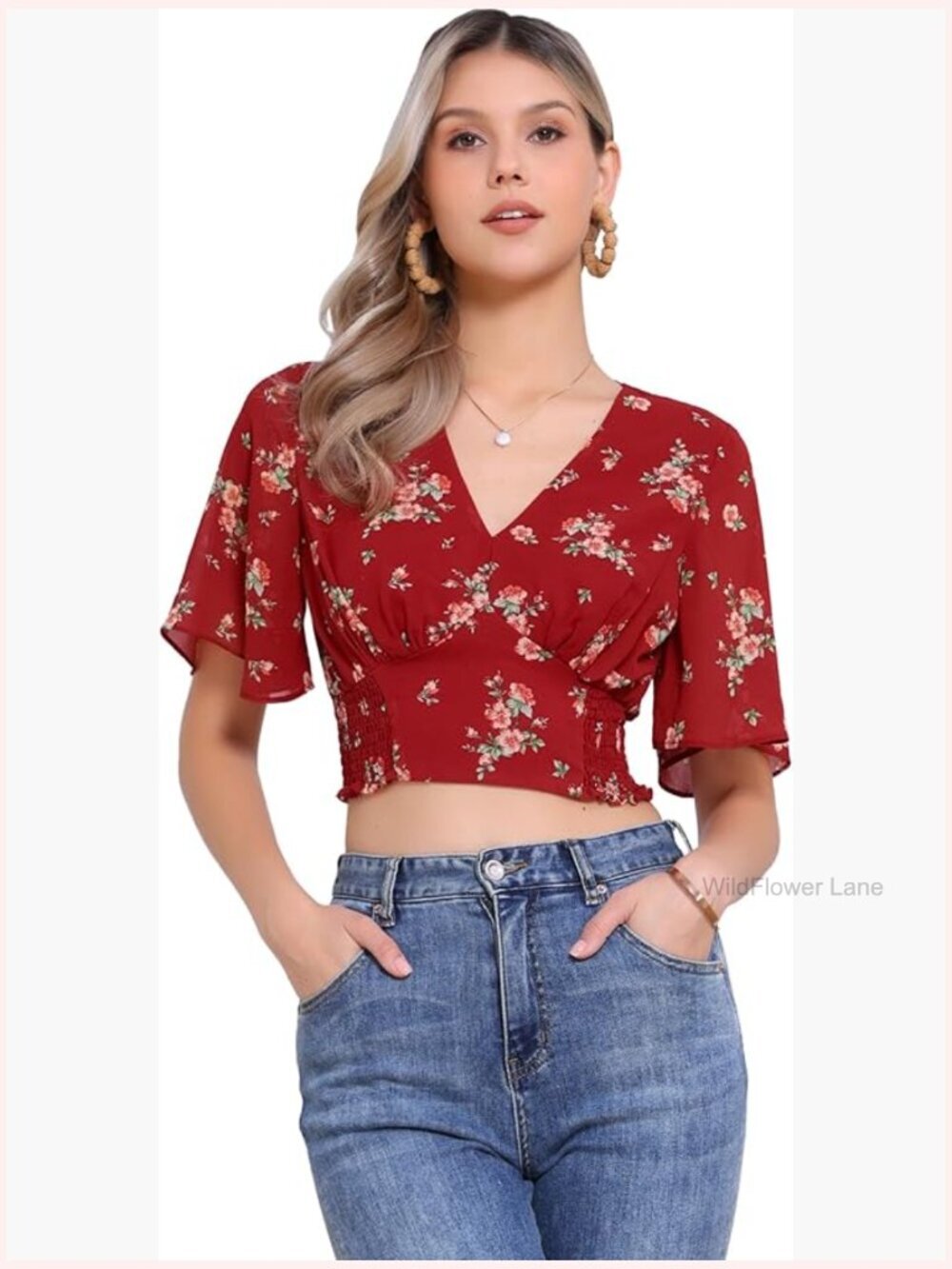 V-Neck Floral Smocked Crop Top with Flare Short Sleeves